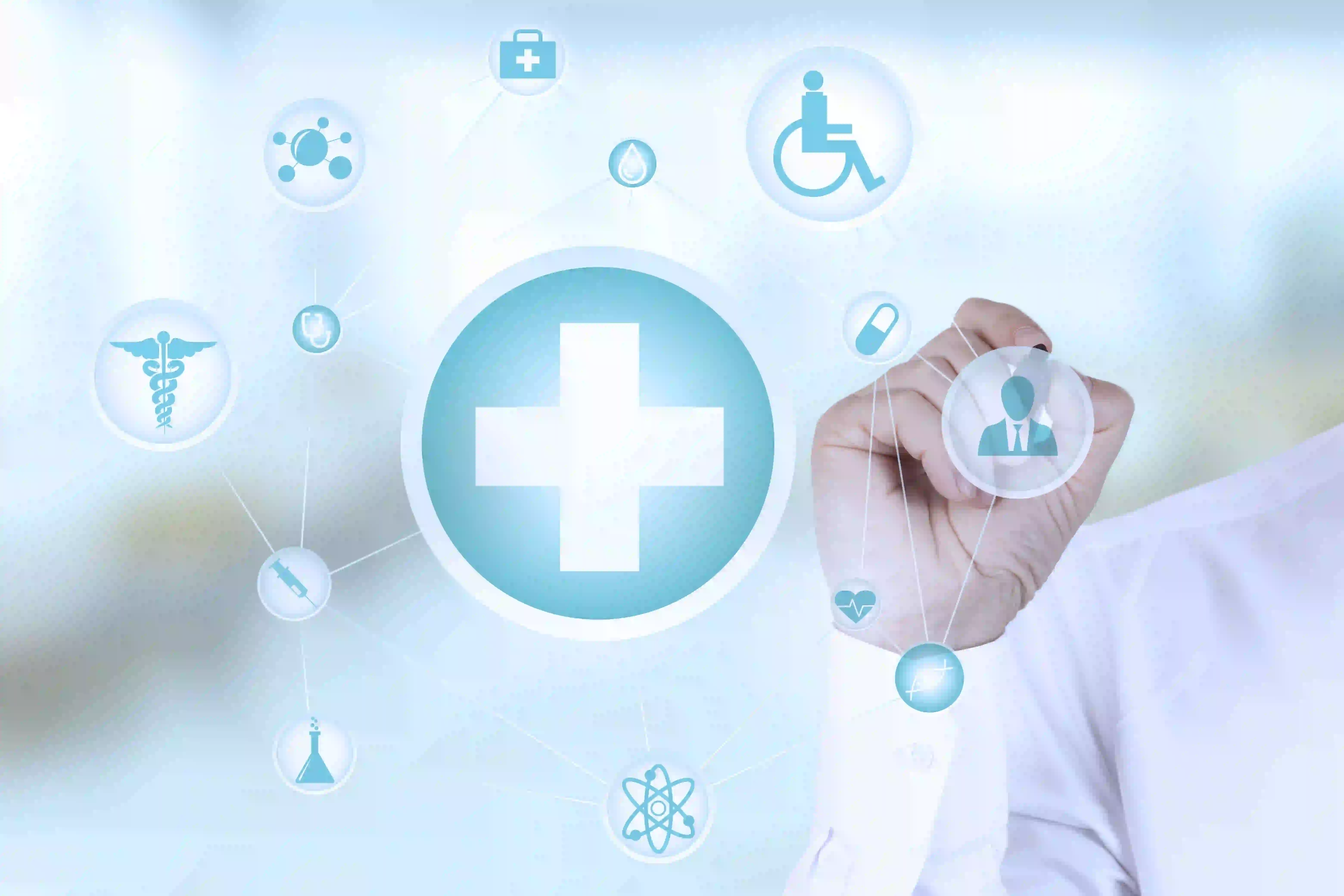 A person is selecting a healthcare-related icon on a digital interface connected to a hospital management system. Surrounding icons represent various medical and health services, including a cross, a caduceus, a wheelchair, and other health-related symbols, all interconnected by lines